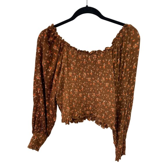 Hem and Thread Floral Smocked Top Women Size M Long Sleeve Brown Bohemian Hippie - Picture 2 of 7